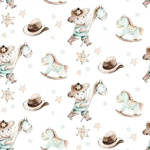 Kindertapete Cowboy, Muster Wilder Westen, Polpferdchen und Sheriffstern, Mint und Beige