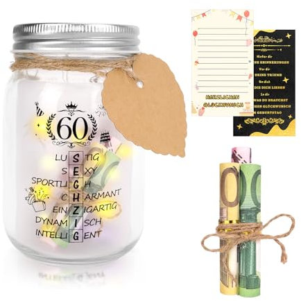 Zidoley Gifts 60th Birthday Woman Man LED Bottle Lights 60th Birthday Money Gifts Personalised Gifts for Women Birthday