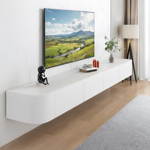 FGNIXLN Floating TV Unit,120-300CM Wall Mounted TV Cabinet, Floating TV Stand with Flip-Down Doors & Drawers, Modern TV Media Console Center Large Storage TV Bench (White, 140CM)