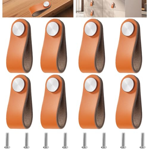 Dtoterul 8 Stück Orange Ledergriffe, Möbel Leder Möbelgriffe, Möbelgriffe Orange, Ledergriffe Schrank Türgriffe Leder für Schublade Schranktür Wohnkultur mit Schrauben