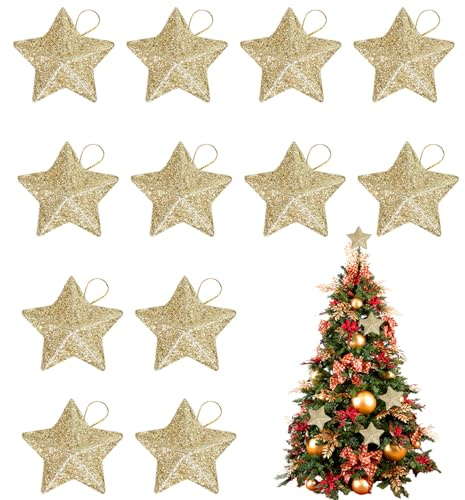 12 Stück Weihnachtsbaumschmuck,Christbaumschmuck,Weihnachtsbaum Deko,Baumschmuck Weihnachten,Weihnachtsstern Anhänger,Klein Glitzer Weihnachtsdeko Gold Stern für Weihnachtsbaum,Kaminen,Fenstern,Tisch