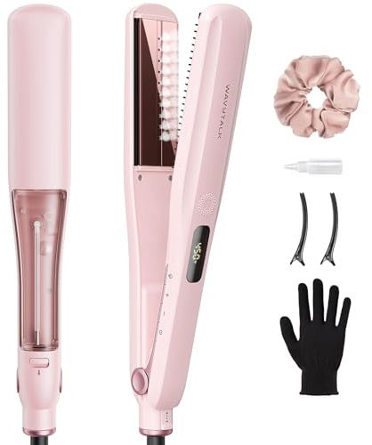 Wavytalk Steam Hair Straightener, Steam Sesh, Steam Reduces Damage, Nourishes Hair & Expedites Straightening, 1.38'' Nano Titanium Flat Iron with Detachable Comb for Silk Press Smoothing, Sakura Pink