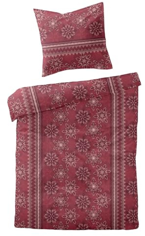 Traumschlaf Klassische Biber Bettwäsche Sterne und Schneeflocken rot kuschelig weich aus 100% Baumwolle mit Reißverschluss - Made in Germany 135x200 cm + 80x80 cm