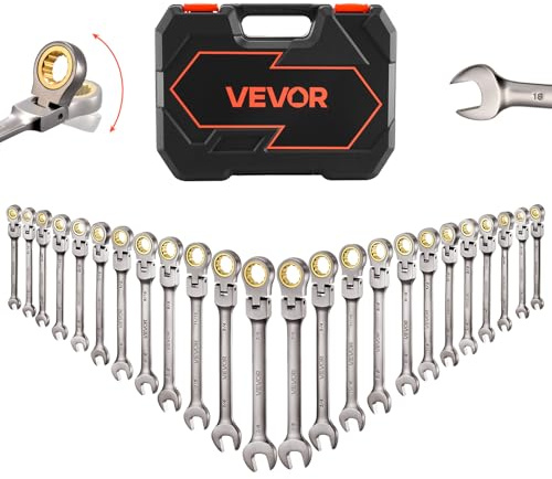 VEVOR Set di Chiavi Combinate a Cricchetto 24 Pezzi, Set di Chiavi a Cricchetto con Misure Metriche e SAE, Testa Snodata a 180°, Meccanismo a 72 Denti, con Custodia per Uso Casa e Auto, Nichel Grigio