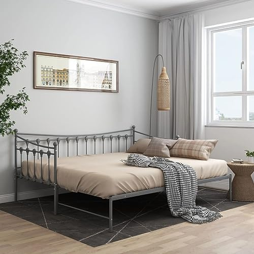 FWIKDUN Platzsparendes Ausziehbett für Gäste als Ausziehsofa Bettgestell Metall mit Seitengeländer für kleine Wohnungen, Tagesbett mit Metallrahmen Grau 90x200 cm
