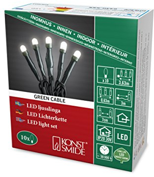 Konstsmide Micro LED Lichterkette, gefrostet, verschweißt, 10 warm weiße Dioden, 30V Innentrafo, dunkelgrünes Kabel - 6340-120