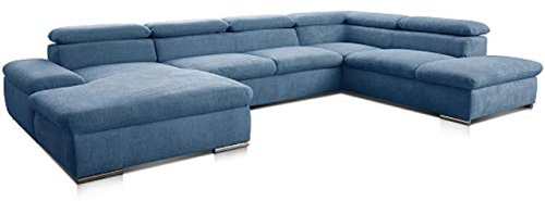 Cavadore Wohnlandschaft Alkatraz im modernen Design / U-Form mit Longchair links und Ottomane rechts / Inkl. Kopfteilverstellung / 350 x 73 x 226 / Hellblau