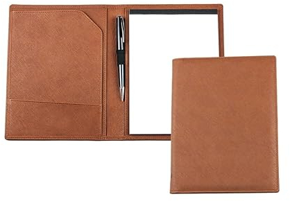 DELMON VARONE - Personalisierbare Schreibmappe DIN A5 aus Saffiano Lederimitat braun, Organizer Konferenzmappe mit Notizblock, Stiftschlaufe & Steckfächer, Business Besprechungsmappe in Kunstleder