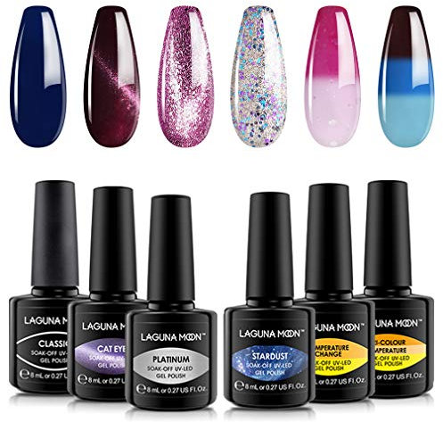 Lagunamoon Gel Nail Polish Soak Off UV LED Nail Polish Set Lacquers Manicure Pedicure Nail Art Kit, Color Changing Glitter Cat Eye Platinum