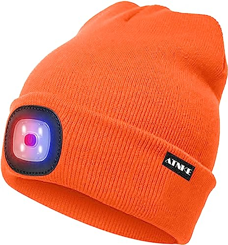 ATNKE LED Beleuchtete Mütze,Wiederaufladbare USB 4 LED Rot und Blau Leuchten Blinkender Laufmütze mit Licht Extrem Heller Lampe Winter Warme für Herren und Damen Geschenke/Bright orange