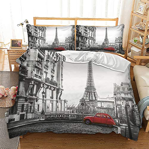 Paris Stadt 3D Print Betten Set EEiffelturm Bettwäsche Set Microfaser Himmlische Qualität Grau Modern City Landschaft Bettbezug mit 1 Kissenbezug 2 teilig 135x200cm + 80x80cm Jungen Mädchen Kinder