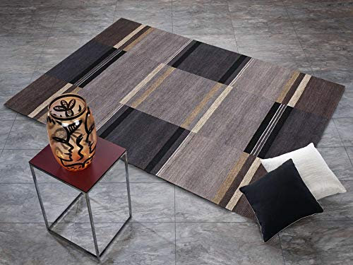 Steffensmeier Nepal Teppich Jhawani | Wolle (Schurwolle), Felder Dunkelgrau, Größe: 70x140 cm, Wollteppich für Wohnzimmer und Schlafzimmer