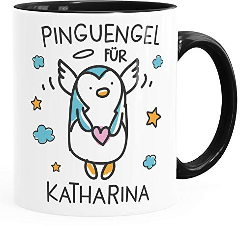 SpecialMe® personalisierte Kaffeetasse Pinguengel Engel Pinguin Schutzengel mit Name Namenstasse Glücksbringer Geschenk Inner-Schwarz Keramik-Tasse