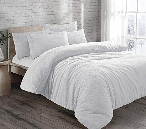 HOMES-LINEN Teddy Bear Fleece Thermal Warm Cosy Soft Fur Duvet Cover Set With Pillow Cases (White, Super King)