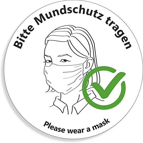 2 Stück Hinweis Aufkleber | Bitte Maske tragen. Please wear a mask. - Mit Piktogramm | PVC Warnhinweis UV-beständig und wasserfest | Rund 15 cm | für Außen und Innen geeignet | Corona Warnschild