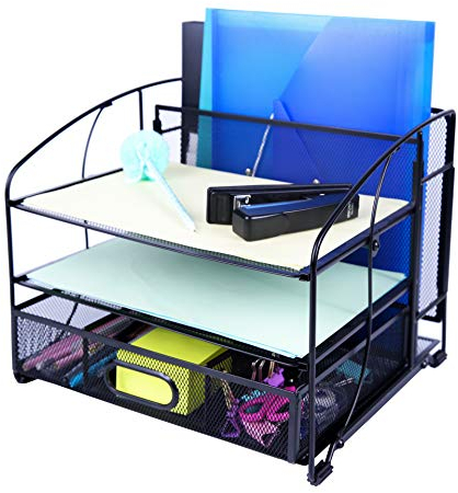 EXERZ Tisch-Organizer Aus Metalldraht Bürobedarf 3 Tabletts/Desktop-Aktenhalter Mit Schiebeschublade Und Hängendem Aktenhalter/Vertikaler Aufrechter Abschnitt-Papiersortierer (Schwarz Neu)