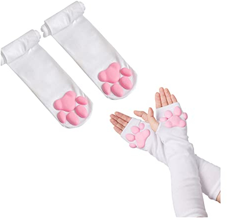 Overknee-Strümpfe und lange, fingerlose Handschuhe mit Katzenpfoten, niedlich, weich, 3D-Katzenpfote, für Mädchen und Damen, Lolita-Cosplay-Set, Weiße Socken und lange Handschuhe