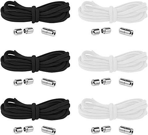 Diealles Shine Schnürsenkel Ohne Binden, 6 Paar 105CM Schleifenlose Schnürsenkel mit Metallkapsel, Elastische Schnurrbart Schnürsenkel für Sneaker Laufschuhe Sporschuhe (Weiß,Schwarz)