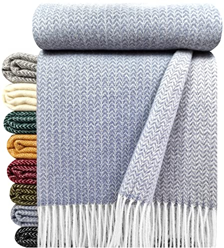 STTS International Wolldecke 100% Schurwolle Wohndecke in versch. Farben 140 x 200 cm Tagesdecke Schurwolldecke Woll-Plaid Tirol (Hellblau-Grau (K), 140 x 200 cm)