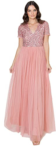 Maya Deluxe Women's Ladies Dress for Wedding Guest Plus Size Empire High Waist Sequins Short Sleeve Evening Bridesmaid, Blossom, 26