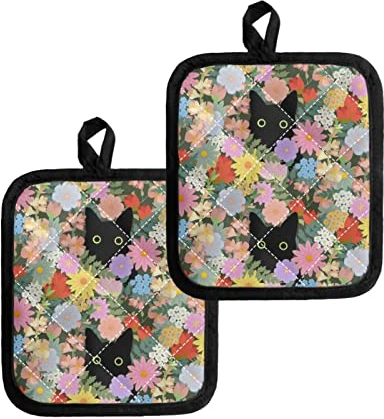Jndtueit Schwarze Katze, hitzebeständig, Topflappen, für heiße Küche, bunte Blumen, Cartoon-Kätzchen, 2 Stück, Ofen, heiße Pads, Topflappen, mehrfarbig mit Blumenmuster für Küche Backen