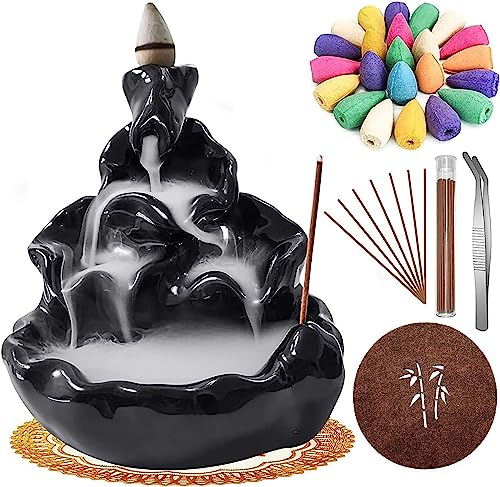 Aaliyahh Bruciatore di incenso in ceramica con 30 coni, 30 Bastoncini di Incenso,portaincenso a cascata, ornamento per aromaterapia, decorazioni zen, decorazioni per la casa