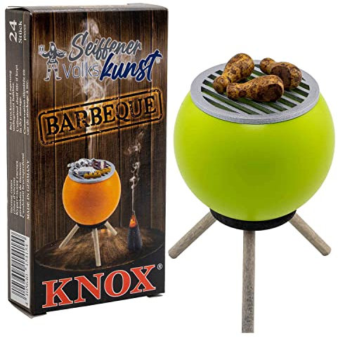 Seiffener Volkskunst | Räucherofen Grillofen | Räucherfigur 10 cm | Grill + Räucherkerzen BBQ | Räuchergrill mit Hühnerbeinen | grün + Knox