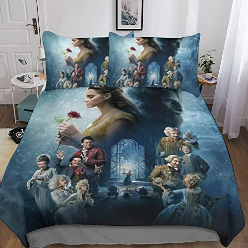 BRILLX La Belle et la bête Housse De Couette Imprimé De Lit en Microfibre De Lit Couvertures avec À Glissière 3 Pièces Motif Belle 3D pour Adultes Enfants Filles Double(200x200cm)