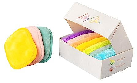 Pads Démaquillants Lavables et Réutilisables Lilly Skin - Lingettes Carrées Microfibres Nettoyantes et Exfoliantes pour la Peau du Visage - Boîte de 7 Pads en Tissu Simili Coton - Rainbow