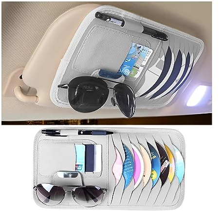 JNNJ Tasche Sun Visor Organizer Leder, Auto-Visier CD-Hülle, Auto Zubehör Aufbewahrungstasche für CD Karten Sonnenbrillen, Multifunktionales Visier-Zubehör(Grau)