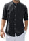siliteelon Grandad Collar Long Sleeve Black Men's Shirts Cotton Regular Fit Banded Collar Summer Beach Shirts with Pocket,XL