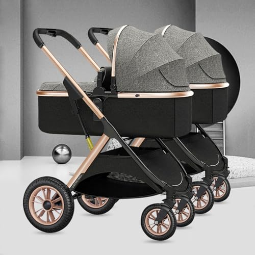 Zwillingskinderwagen Mit Regenschirm, Double Infant Stroller, Zusammenklappbarer Tandem-Kinderwagen Für Zwillinge Seite An Seite, Abnehmbare 2 Einzelwagen Doppelsitz, High Landscape Reversible Kinderw
