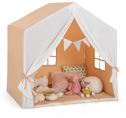 GOPLUS Kinderzelt mit Holzrahmen, Multifunktionaler Kinderspielhaus mit Fahnenbanner, großem Vorhang & 2 Fenster, Spielzelt für Jungen und Mädchen ab 3 Jahren, für Innen- & Außenbereich (Hellbraun)
