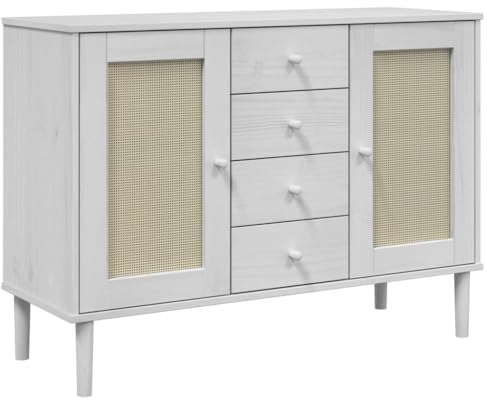 vidaXL Sideboard, Kommode Rattan-Optik, Schrank mit Stauraum für Wohnzimmer, Anrichte Mehrzweckschrank Beistellschrank, Weiß Massivholz Kiefer