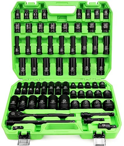 SWANLAKE 66-Piece 1/2 Drive Impact Socket Set, SAE & Metric Sizes, 6-Point, Cr-V, Includes Ratchet Handle, Extension Bar, Universal Joint