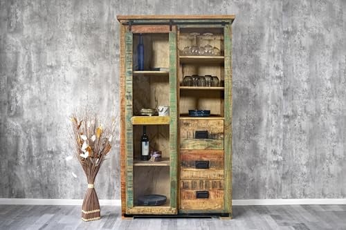 SAM Vitrine Libro, Mangoholz massiv + bunt, Glasvitrine mit Einer Glasschiebetür, 3 Schubladen & 7 offenen Fächern, Türelemente & Reling aus Eisen, 100 x 175 x 43 cm, Shabby Chic