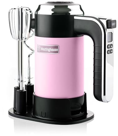 Westinghouse Retro Handmixer, 5 Geschwindigkeitsstufen + Turbofunktion, 2 Rührbesen, 2 Knethaken, LCD-Anzeige, Timer, Sockelboden, 350 Watt, pink