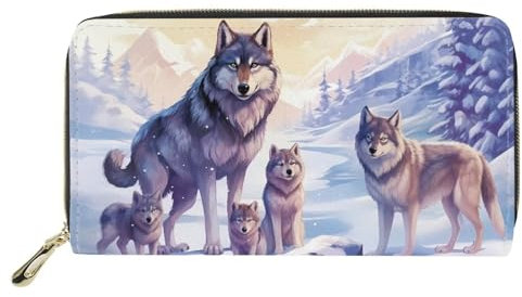 Dolyues Damen-Geldbörse, Kreditkartenetui mit Reißverschluss, Münzfach und mehreren Kartenfächern, PU-Leder, wolf, Klassisch