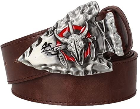 CJINSON Mens Belts，Cowboy Belt Men's Genuine Leather Belt,Western Cowboy Belt Long Horn Buckle Head Various Styles Decoration Party/Prom (Color : Brown, Size : 115CM/45.3'')