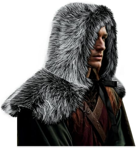 keland Wikinger Pelz Kapuze Mittelalter Gugel Wikingerpelz Mütze für Damen Herren (Grau)
