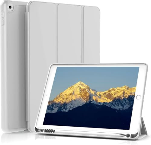 GKABXY Custodia per iPad di 9ª generazione 2021/8ª Gen 2020/7ª Gen 2019 10.2 pollici con portapenne, retro morbido TPU ultra sottile leggera Smart Cover auto Sleep/Sveglia con per iPad 10.2, Grigio
