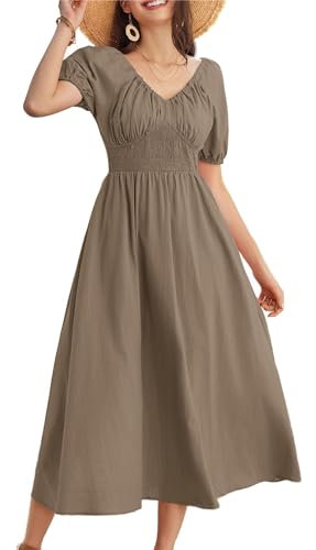 GRACE KARIN Causal Summer Beach Dress Women’s Puff Short Sleeve Khaki Party Vocation Cottagecore Smock Dresses for Ladies S
