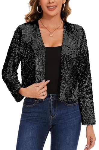 LADI TREND Vollständig gefütterter Bolero mit Pailletten, Glitzer-Cardigan, Jacken, langärmelig, Cropped-Top, offene Vorderseite, Jacke, Hochzeit, Cocktail, Club, Partys und Ausgehen, B-schwarz, L
