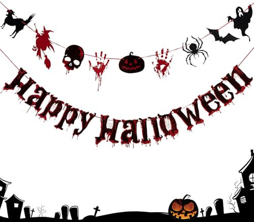 Easy Joy Halloween Banner Deko Halloween Deko Horror Halloween Banner Deko mit Kürbis Bloody Fliegende Hexe Handprint Footprint Fledermaus Moon Design