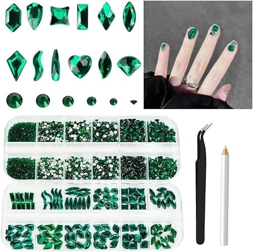 Lot de 2 680 strass verts émeraude pour nail art, cristaux en verre, strass brillants, multi-formes à dos plat, avec pince à épiler et pince à épiler (vert émeraude)
