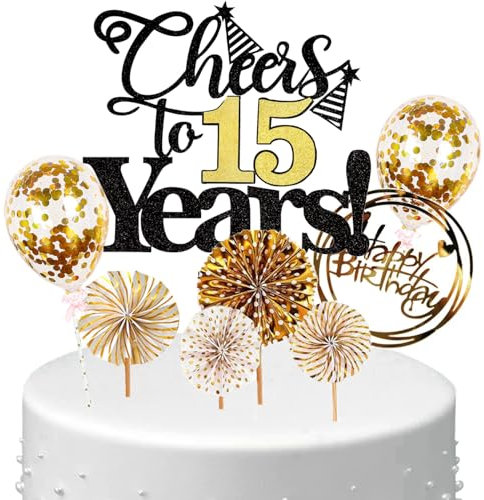 Anlgdi Tortendeko Cheers 15 Years Deko Kuchen Topper 15. Geburtstag Mädchen, Cake Topper 15. Geburtstag Junge Schwarz Gold, Kuchendeko 15 Jahre Torte Kuchen Deko für Geburstagstorte Deko 15. Kinder