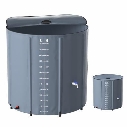 Aufun Regenwassertonne Wassertank, 750L Regentonne Faltbar, mit Abflussventil und Volumen-Skala, einfache Aufbewahrung, rostfrei und witterungsbeständig (Grau)