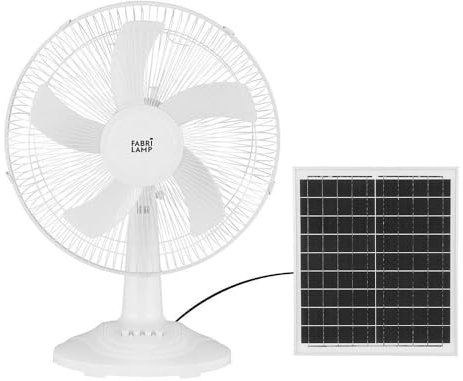 Ventilador DC Sobremesa Solar Abanico Blanco 20W, con 3 velocidades y 5 aspas blancas. Dimensiones: 63x43x30.5 cm. Incluye cable de 4,20 m para mayor comodidad y versatilidad.