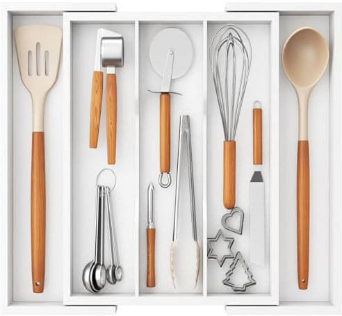 Lifewit Organizador Cajon de Utensilios Cocina, Bandeja para Cuchillos Extensible, Bambu Separador Set Cubiertos, Ajustables Divisores para Almacenaje Herramientas y Gadgets de Espátula, Grande Blanca