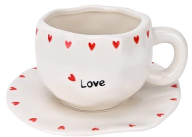 Koythin Ceramic Coffee Mug with Saucer Set, Cute Creative Love Heart Cup Unique Irregular Design for Office and Home, 10 oz/300 ml for Latte Tea Milk